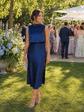 Amanda Uprichard Tie Back Navy Silk midi Dress Large